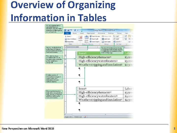 Overview of Organizing Information in Tables New Perspectives on Microsoft Word 2010 XP 2