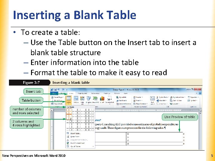 Inserting a Blank Table XP • To create a table: – Use the Table