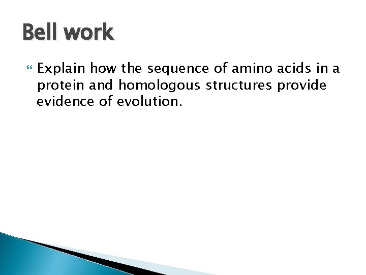 Bell work Explain how the sequence of amino acids in a protein and homologous