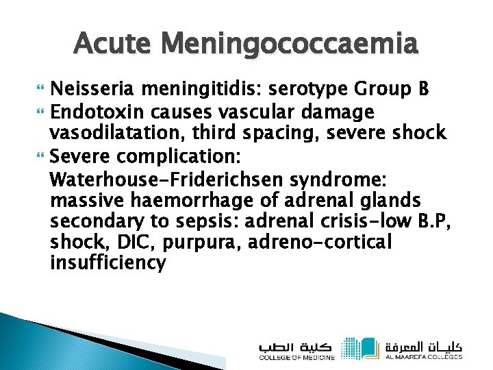 Acute Meningococcaemia Neisseria meningitidis: serotype Group B Endotoxin causes vascular damage vasodilatation, third spacing,