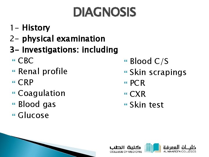 DIAGNOSIS 1 - History 2 - physical examination 3 - Investigations: including CBC Renal