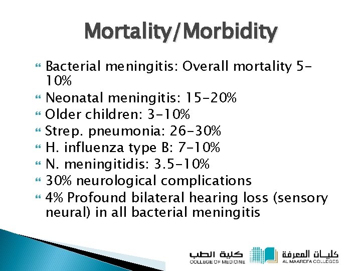 Mortality/Morbidity Bacterial meningitis: Overall mortality 510% Neonatal meningitis: 15 -20% Older children: 3 -10%