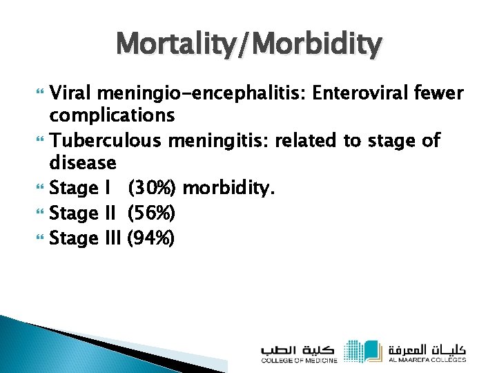 Mortality/Morbidity Viral meningio-encephalitis: Enteroviral fewer complications Tuberculous meningitis: related to stage of disease Stage