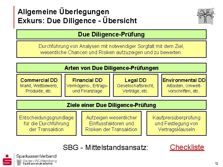 Allgemeine Überlegungen Exkurs: Due Diligence - Übersicht Due Diligence-Prüfung Durchführung von Analysen mit notwendiger