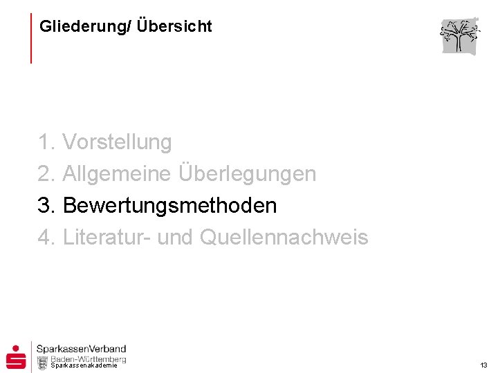 Gliederung/ Übersicht 1. Vorstellung 2. Allgemeine Überlegungen 3. Bewertungsmethoden 4. Literatur- und Quellennachweis Sparkassenakademie