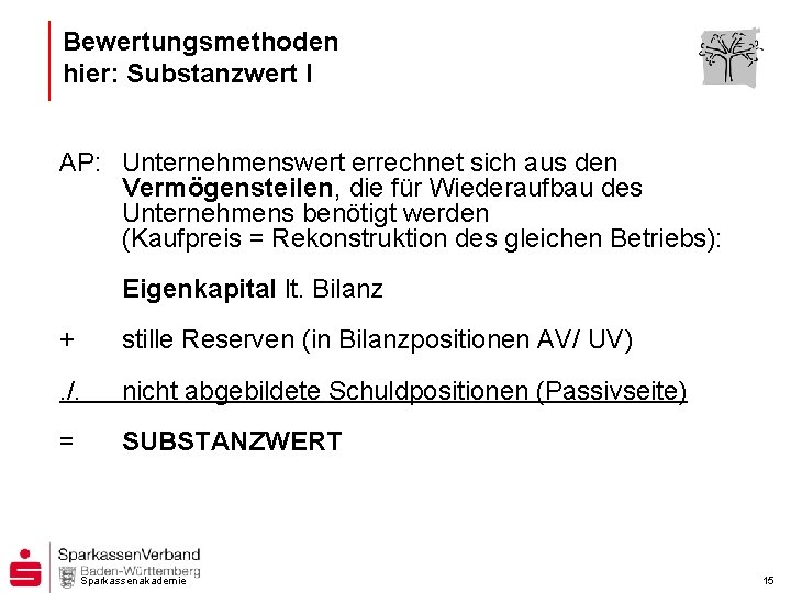 Bewertungsmethoden hier: Substanzwert I AP: Unternehmenswert errechnet sich aus den Vermögensteilen, die für Wiederaufbau