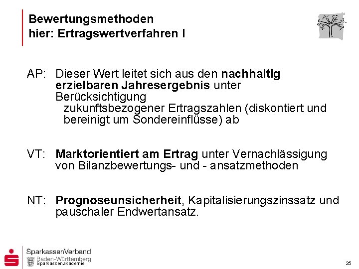 Bewertungsmethoden hier: Ertragswertverfahren I AP: Dieser Wert leitet sich aus den nachhaltig erzielbaren Jahresergebnis