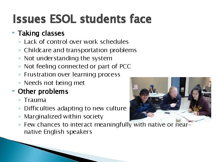 Issues ESOL students face Taking classes ◦ ◦ ◦ Lack of control over work