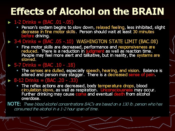 Effects of Alcohol on the BRAIN ► 1 -2 Drinks = (BAC. 01 -.