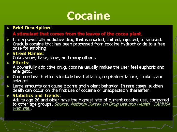 Cocaine ► ► ► ► Brief Description: A stimulant that comes from the leaves