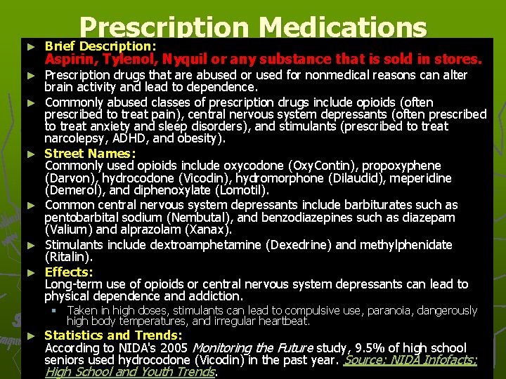 ► ► ► ► Prescription Medications Brief Description: Aspirin, Tylenol, Nyquil or any substance