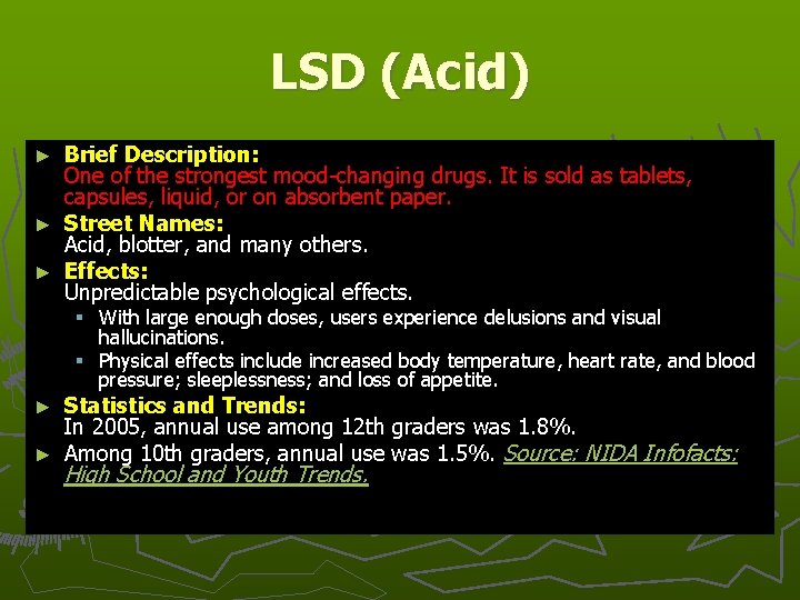 LSD (Acid) Brief Description: One of the strongest mood-changing drugs. It is sold as