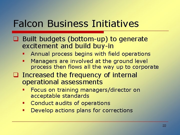 Falcon Business Initiatives q Built budgets (bottom-up) to generate excitement and build buy-in §