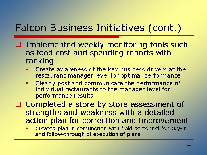 Falcon Business Initiatives (cont. ) q Implemented weekly monitoring tools such as food cost