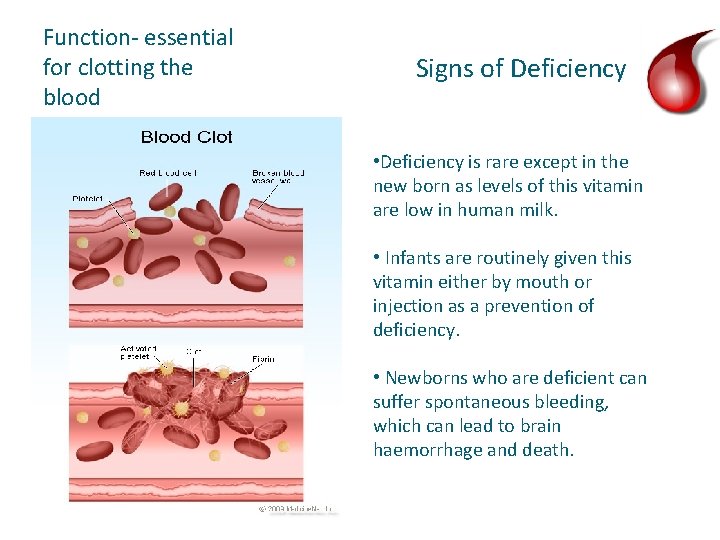 Function- essential for clotting the blood Signs of Deficiency • Deficiency is rare except