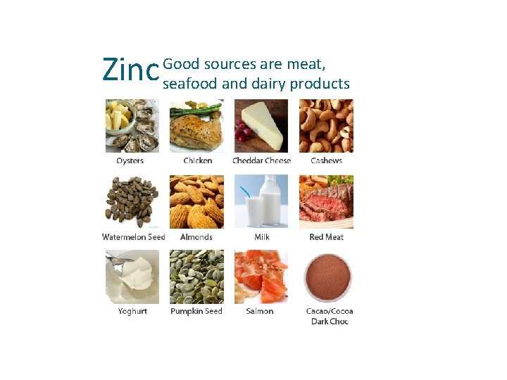 Zinc Good sources are meat, seafood and dairy products 