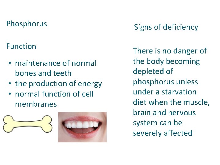 Phosphorus Function • maintenance of normal bones and teeth • the production of energy