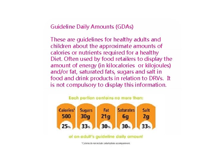 Guideline Daily Amounts (GDAs) These are guidelines for healthy adults and children about the