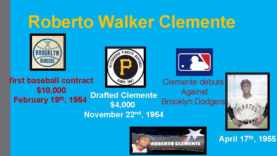 Roberto Walker Clemente first baseball contract Clemente debuts $10, 000 Against Drafted Clemente February