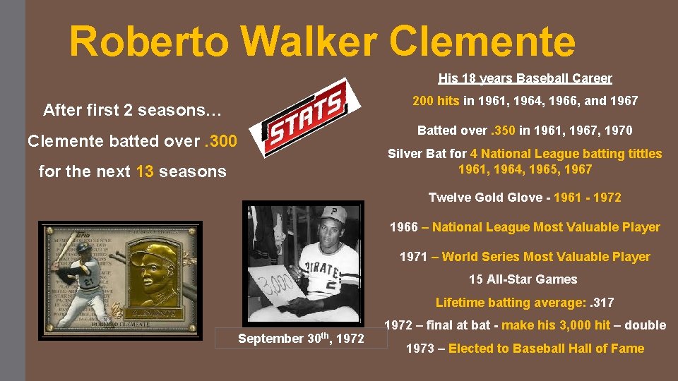 Roberto Walker Clemente His 18 years Baseball Career 200 hits in 1961, 1964, 1966,