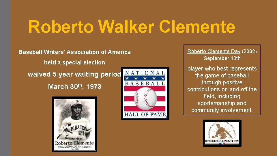 Roberto Walker Clemente Baseball Writers' Association of America held a special election waived 5