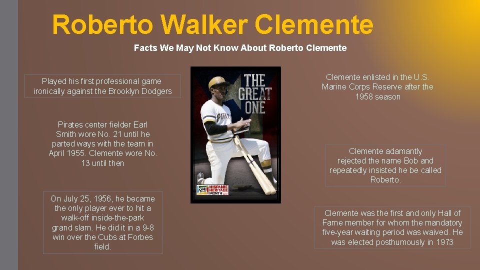 Roberto Walker Clemente Facts We May Not Know About Roberto Clemente Played his first