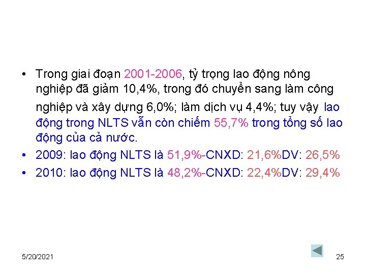  • Trong giai đoạn 2001 -2006, tỷ trọng lao động nông nghiệp đã