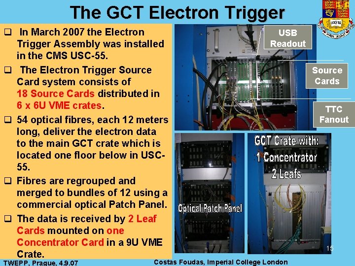 The GCT Electron Trigger q In March 2007 the Electron Trigger Assembly was installed