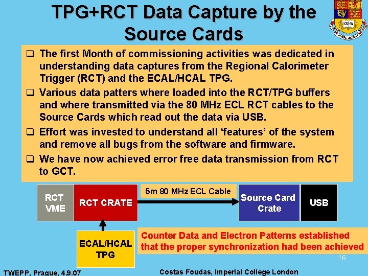 TPG+RCT Data Capture by the Source Cards q The first Month of commissioning activities