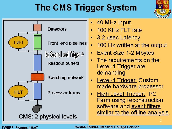 The CMS Trigger System • • • 40 MHz input 100 KHz FLT rate