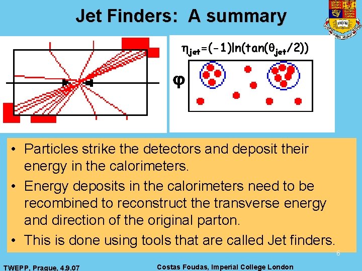 Jet Finders: A summary jet=(-1)ln(tan( jet/2)) • Particles strike the detectors and deposit their