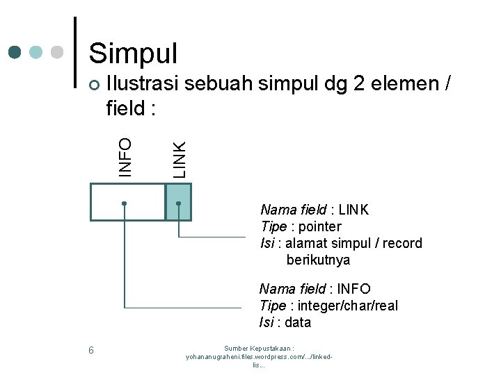 Simpul LINK Ilustrasi sebuah simpul dg 2 elemen / field : INFO ¢ Nama