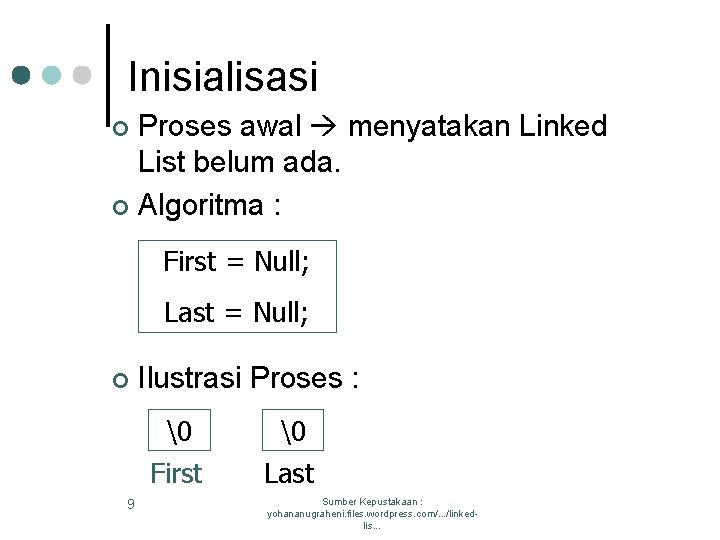 Inisialisasi Proses awal menyatakan Linked List belum ada. ¢ Algoritma : ¢ First =