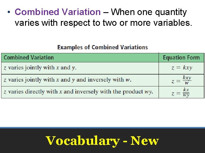  • Combined Variation – When one quantity varies with respect to two or