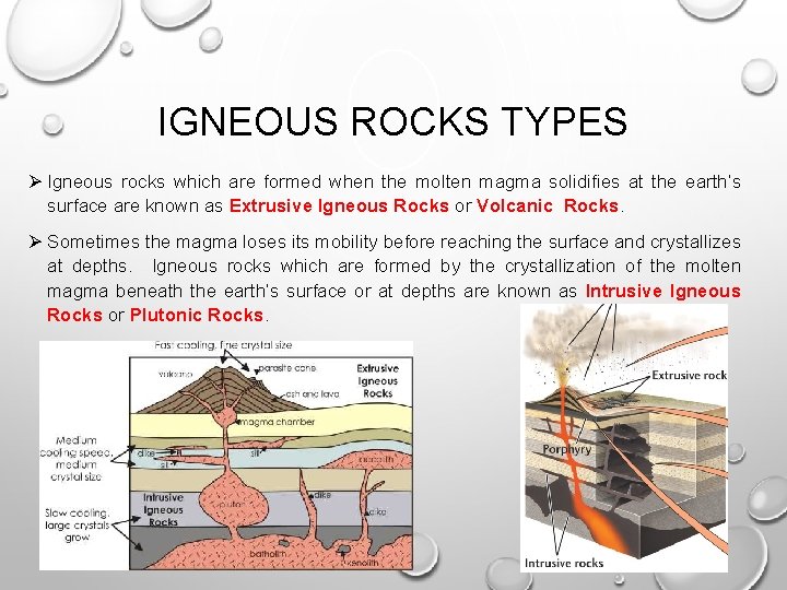 IGNEOUS ROCKS TYPES Ø Igneous rocks which are formed when the molten magma solidifies