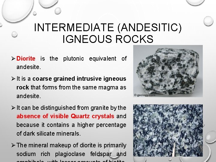 INTERMEDIATE (ANDESITIC) IGNEOUS ROCKS Ø Diorite is the plutonic equivalent of andesite. Ø It