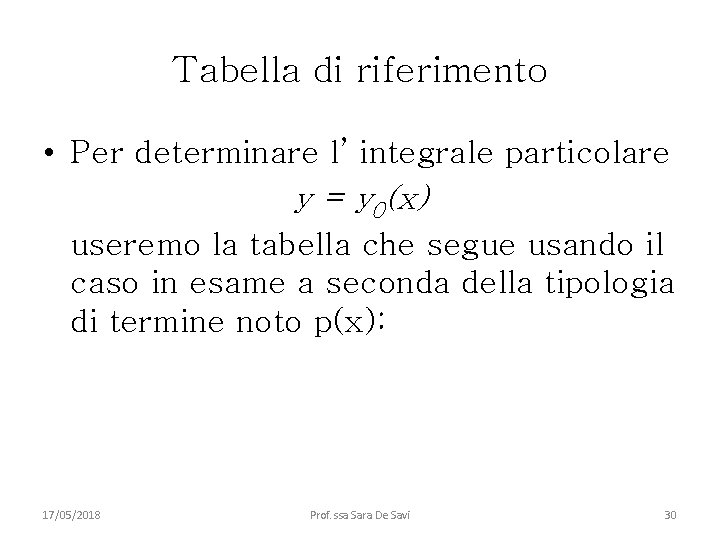 Tabella di riferimento • Per determinare l’ integrale particolare y = y 0(x) useremo