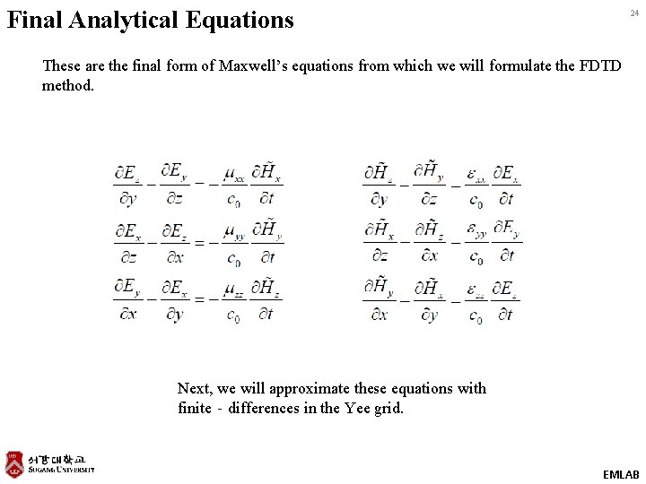 Final Analytical Equations 24 These are the final form of Maxwell’s equations from which