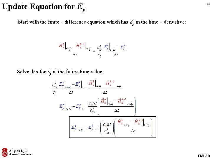 Update Equation for Ey 40 Start with the finite‐difference equation which has Ey in