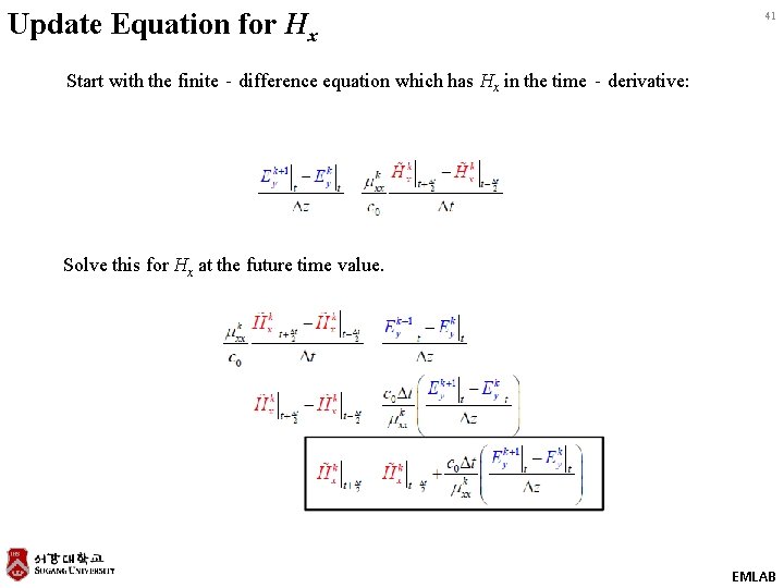 Update Equation for Hx 41 Start with the finite‐difference equation which has Hx in
