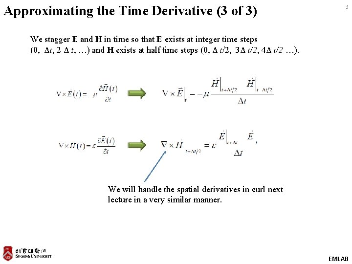 Approximating the Time Derivative (3 of 3) 5 We stagger E and H in