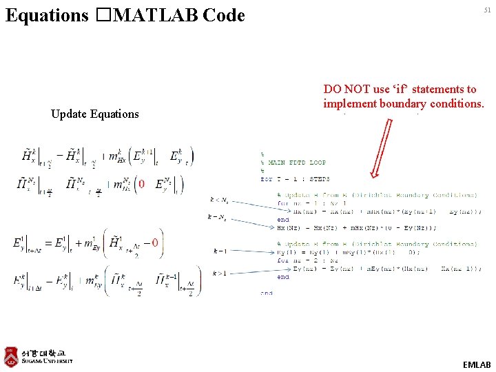 Equations �MATLAB Code Update Equations 51 DO NOT use ‘if’ statements to implement boundary