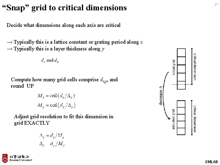 “Snap” grid to critical dimensions 57 Decide what dimensions along each axis are critical