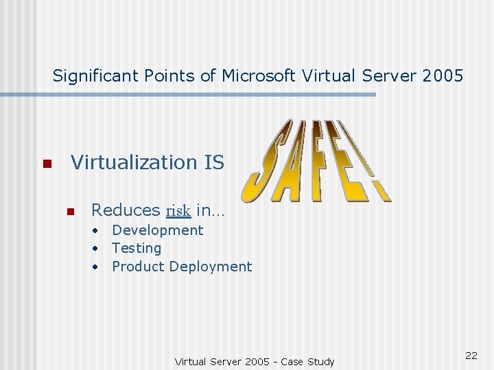 Significant Points of Microsoft Virtual Server 2005 n Virtualization IS n Reduces risk in…