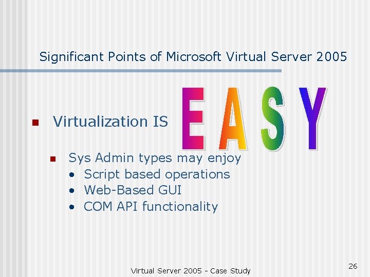 Significant Points of Microsoft Virtual Server 2005 n Virtualization IS n Sys Admin types