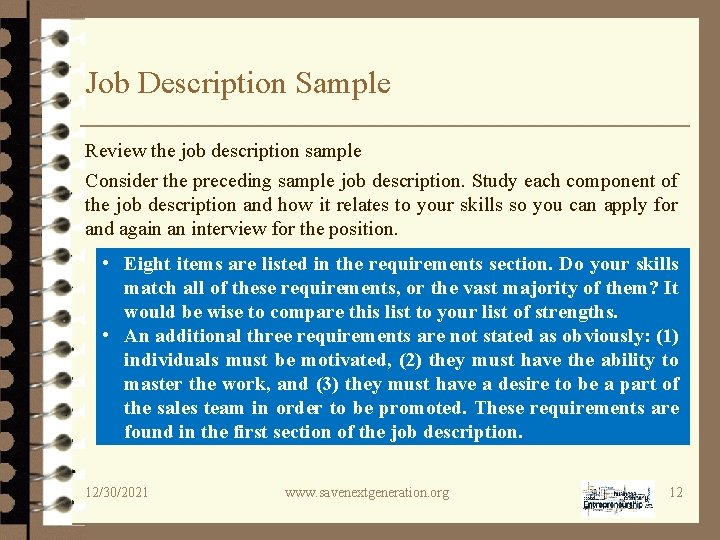 Job Description Sample Review the job description sample Consider the preceding sample job description.