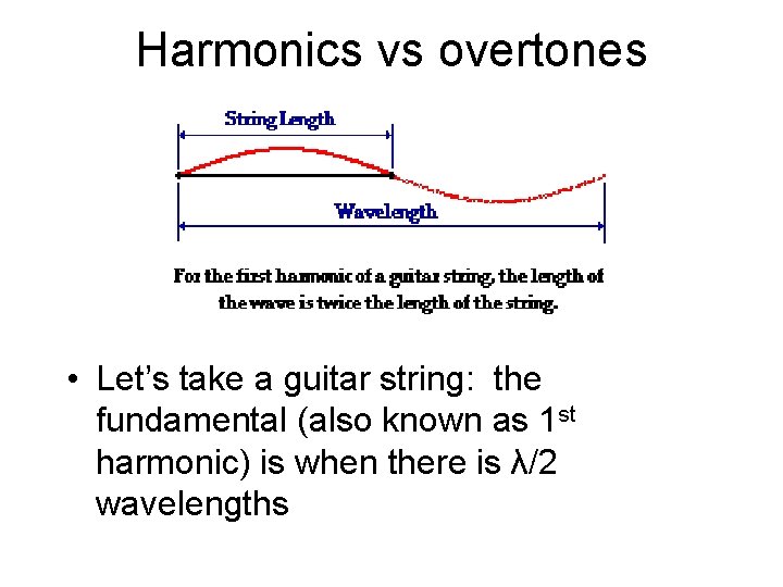 Harmonics vs overtones • Let’s take a guitar string: the fundamental (also known as