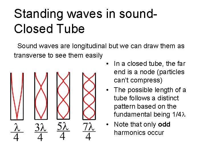 Standing waves in sound. Closed Tube Sound waves are longitudinal but we can draw