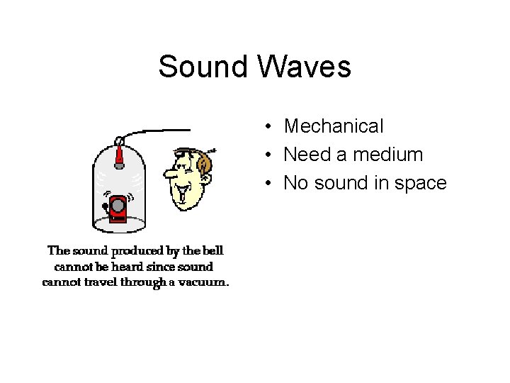 Sound Waves • Mechanical • Need a medium • No sound in space 