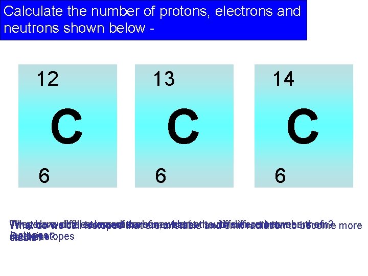 Calculate the number of protons, electrons and neutrons shown below - 12 C 6